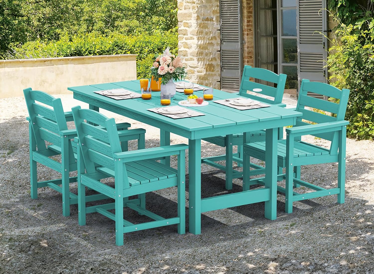 Outdoor HDPE Dining Table Set, 7-Piece Outdoor Dining Table Sets with Umbrella Hole Cut-Out Table and 6 Chairs wourant