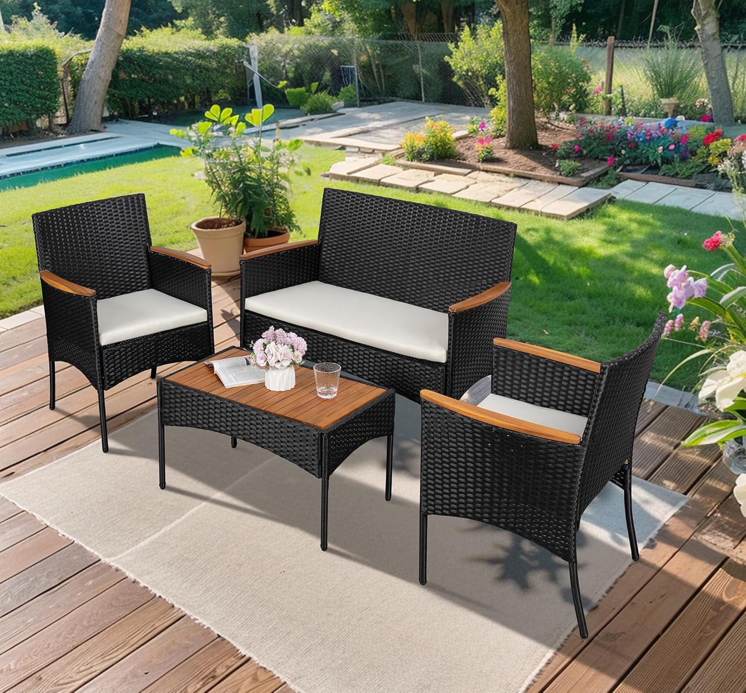 Shintenchi 4-Piece Patio Furniture Set, Outdoor Wicker Patio Conversation Furniture Set with Cushions and Wooden Tabletop for Paito Lawn Backyard, White Cushion wourant
