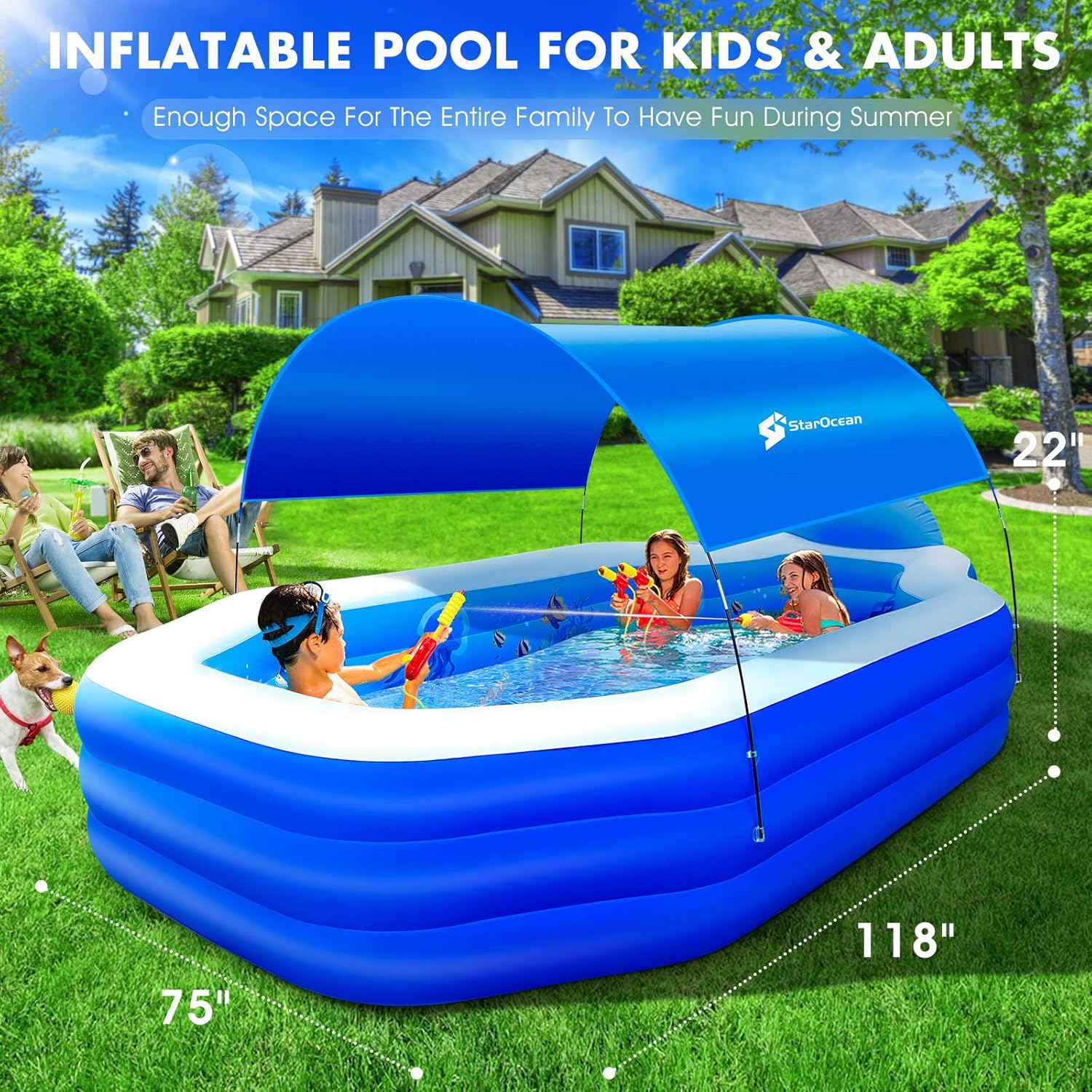 Inflatable Pool with Canopy, Large Inflatable Swimming Pool for Kids,Adult, Blow Up Pools with Seats,Backrest.Durable Thickened Inflatable Family Pools for Backyard,118"x75"x22"-Dark Blue woonhhop