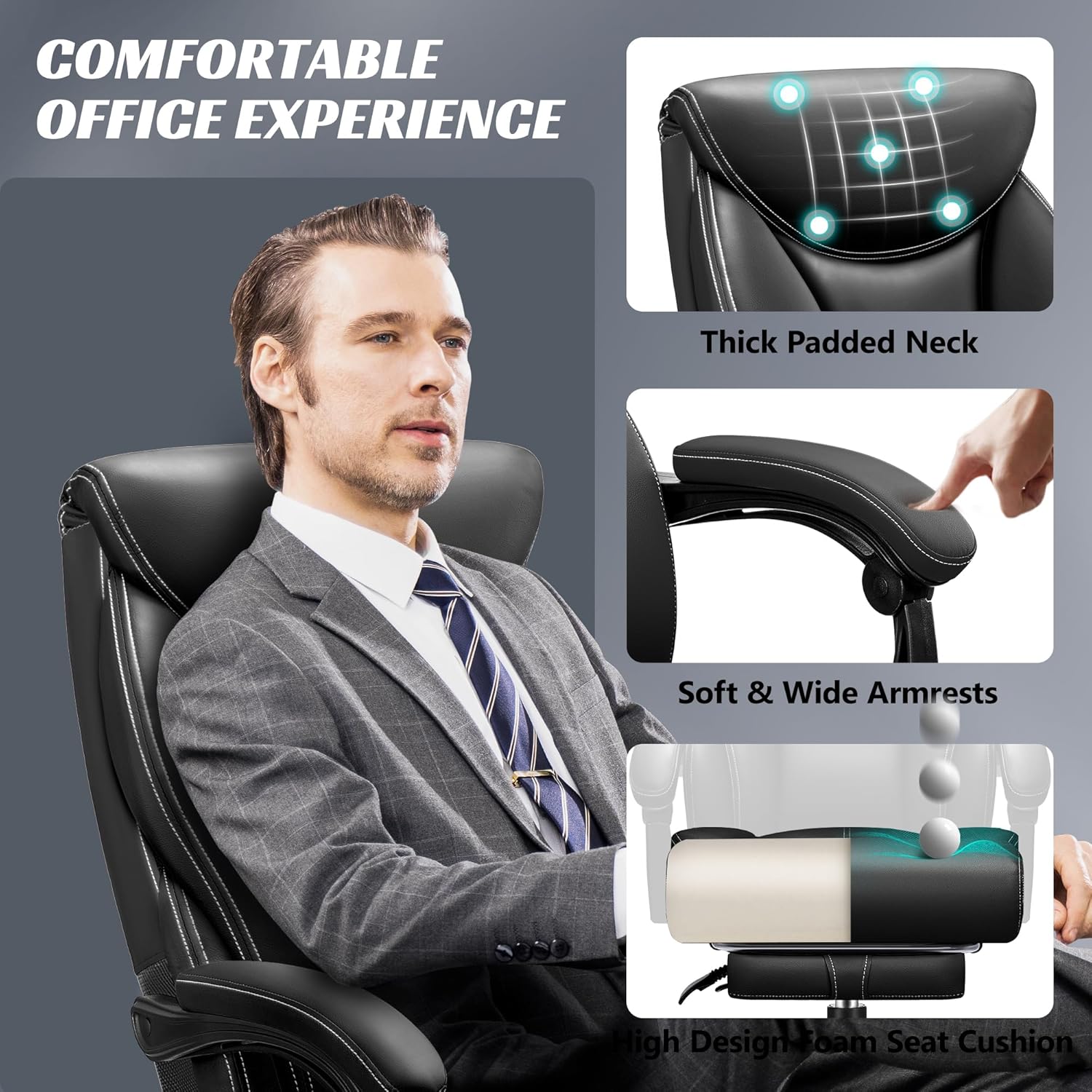 Office Chair Large High-Foot Computer Desk Chair, Breathable Leather Chair Lumbar Support Rotating Computer Chair wourant