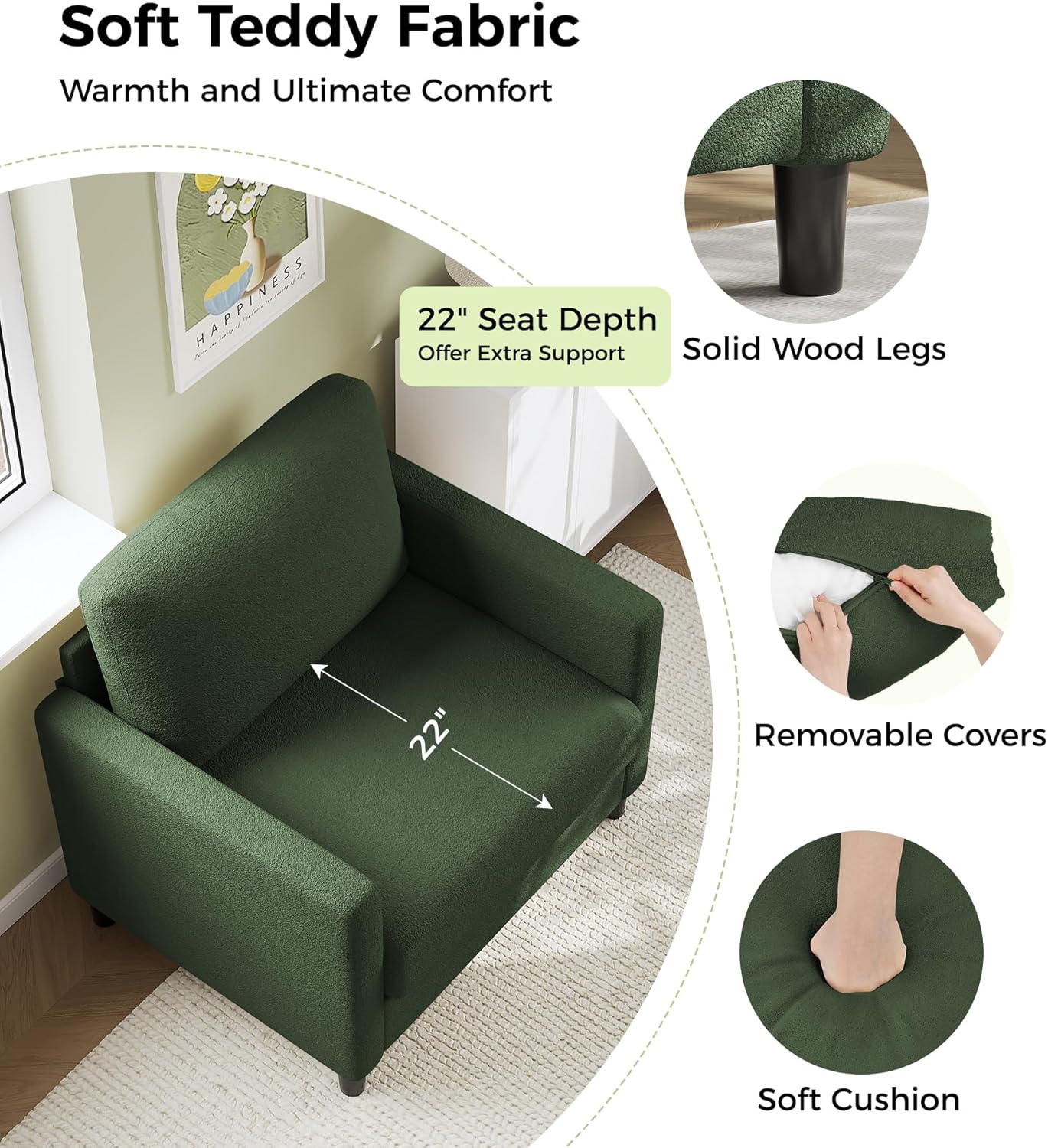 Loveseat Sofa 51" Love Seat Comfy Corduroy Small Loveseat Small Spaces Tool-Free Setup Couch wourant