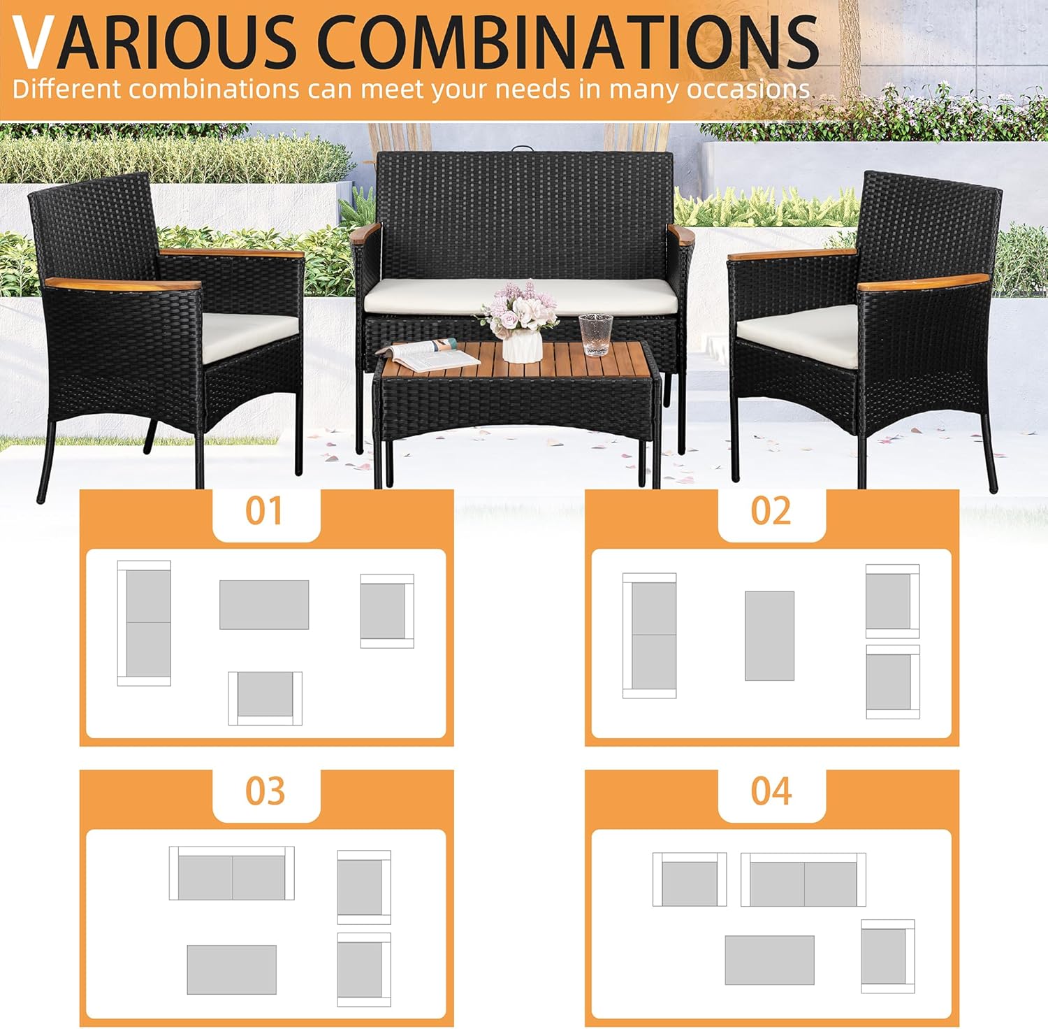 Shintenchi 4-Piece Patio Furniture Set, Outdoor Wicker Patio Conversation Furniture Set with Cushions and Wooden Tabletop for Paito Lawn Backyard, White Cushion wourant