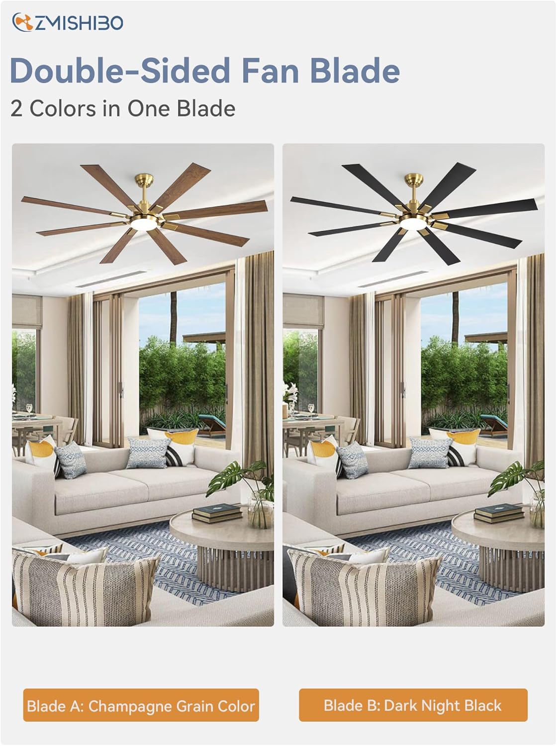 ZMISHIBO 72 inch Large Ceiling Fans with Lights and Remote, Indoor/Outdoor Black Modern Ceiling Fan for Kitchen Living Room Patio, 6 Speed Reversible Quiet DC Motor, 3 CCT, Dual Finish 8 Blades wourant