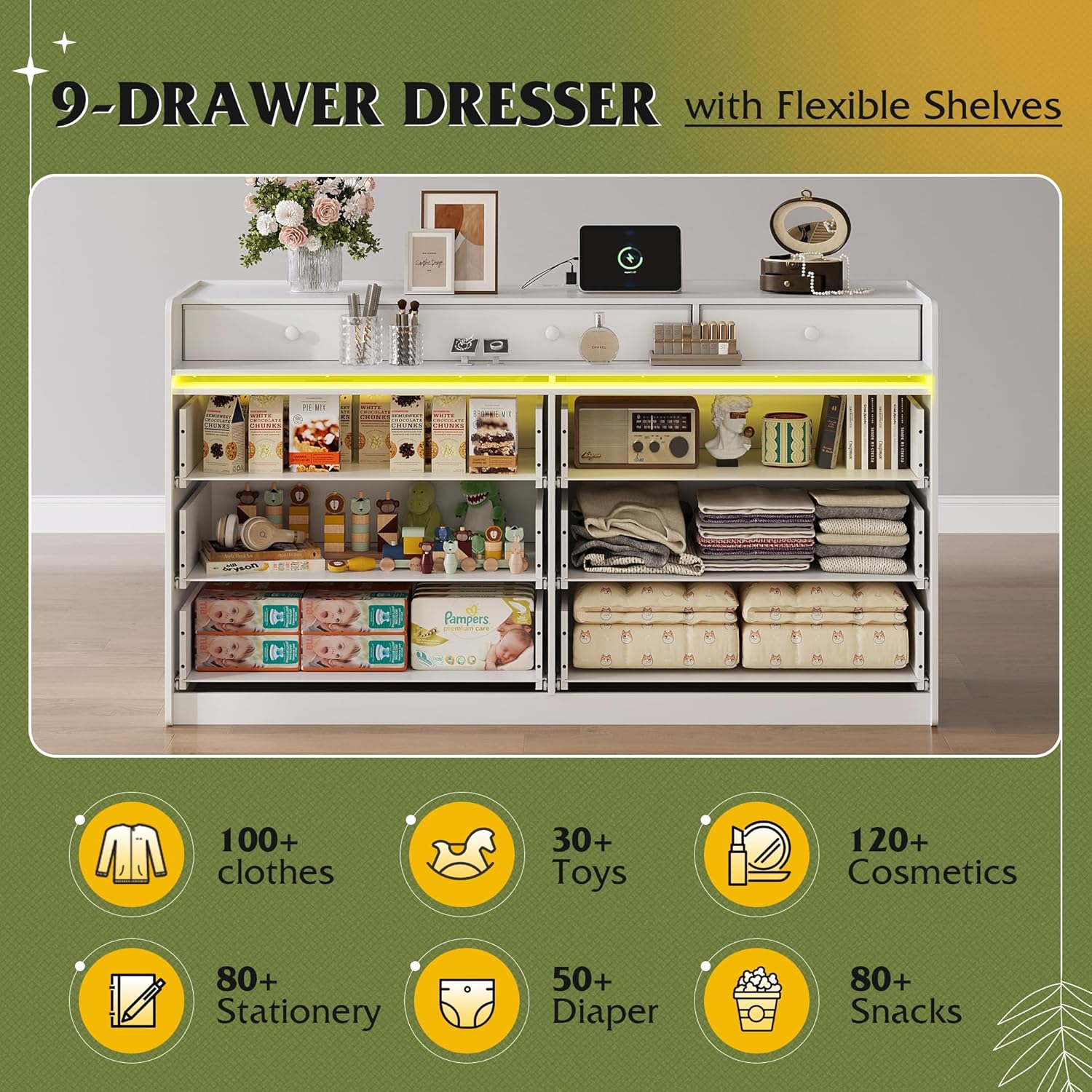 9 Drawer Led Dresser for Bedroom, 58.35'' Wide Wood Dresser Storage Organizer with Power Outlets for 65'' TV, Dressers with Open Shelves wourant