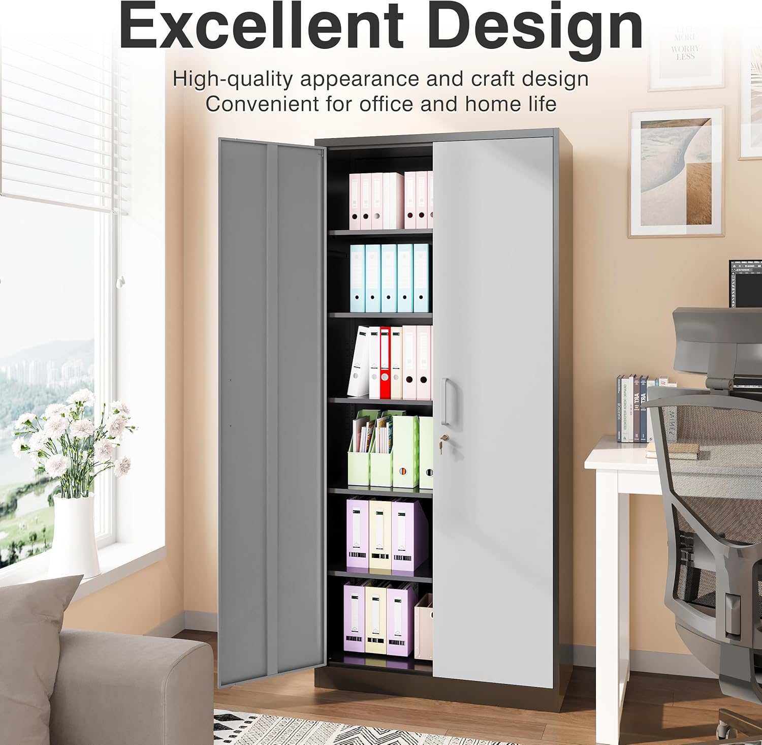 Metal Storage Cabinet with 2 Doors and 6 Shelves, Black Metal Cabinet with Lock, 71 Inch Lockable Garage Storage Cabinet wourant