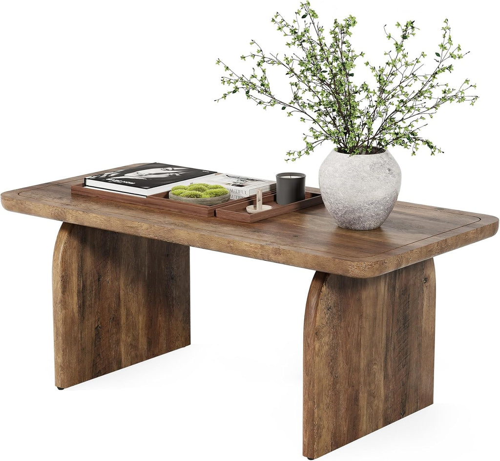 LITTLE TREE Farmhouse Coffee Table, 47 Inch Round Corner Wood Center Table, Rectangular Living Room Table, Modern Low Cocktail Tea Set wourant