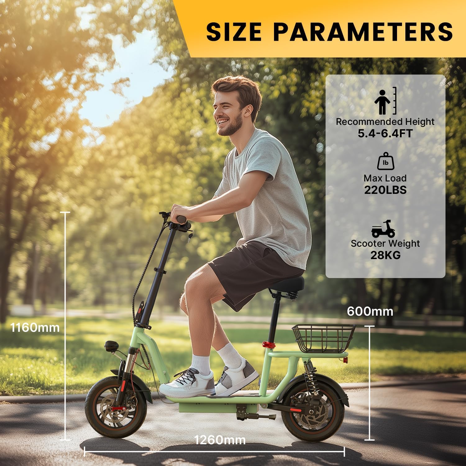 iScooter electric scooter with seat, 37/21 mile range, 28/19/15.6 mph top speed, dual suspension scooter with basket wourant