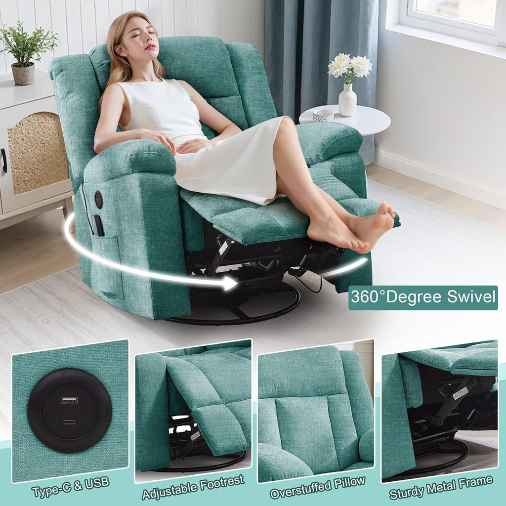 Rocker Recliner, Glider Recliner Chairs for Adults, 360° Swivel Rocking Chair with Massage and Heating, Nursery Chair with Storage and USB Charging for Living Room, Bedroom, Nursery wourant