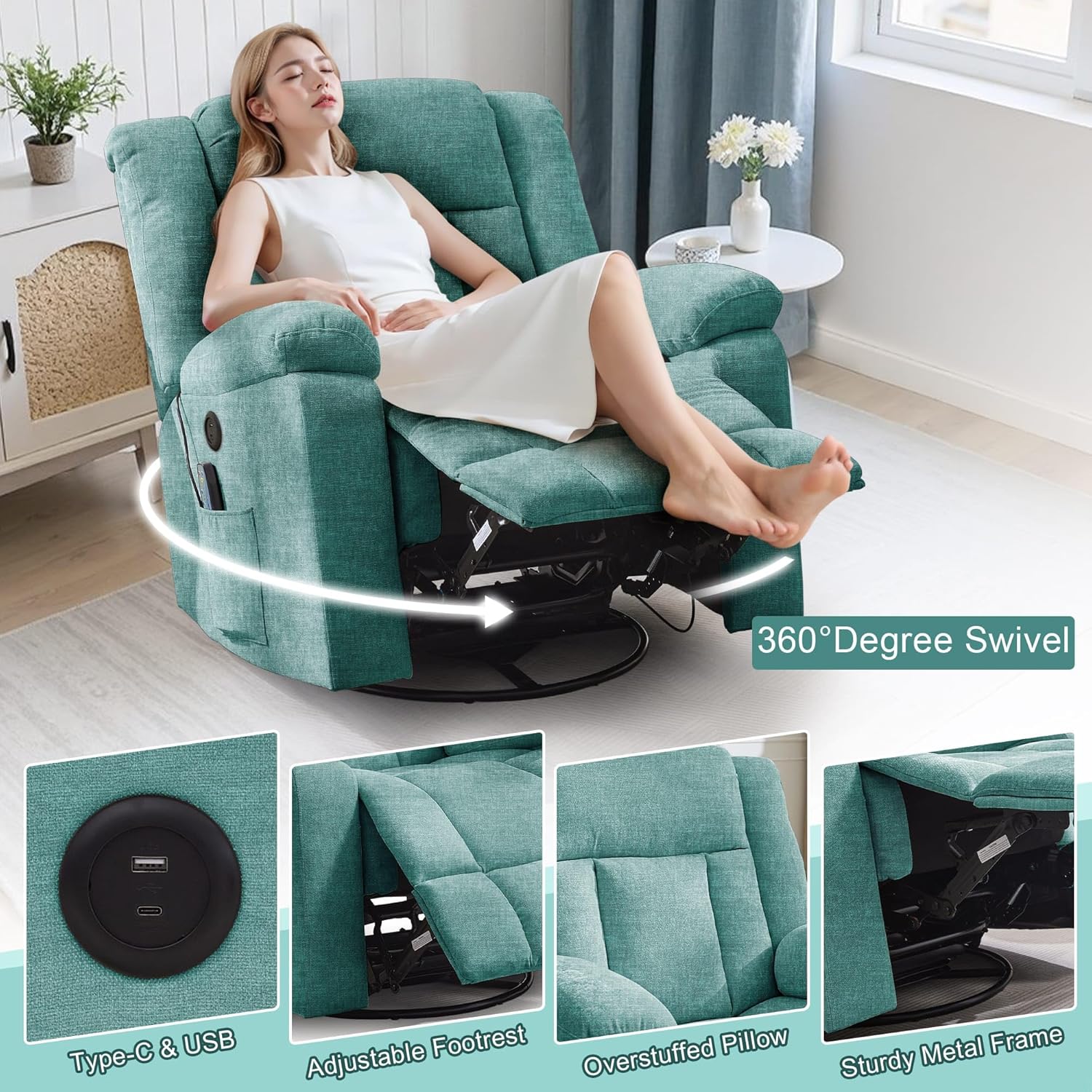 Rocker Recliner, Glider Recliner Chairs for Adults, 360° Swivel Rocking Chair with Massage and Heating, Nursery Chair with Storage and USB Charging for Living Room, Bedroom, Nursery wourant