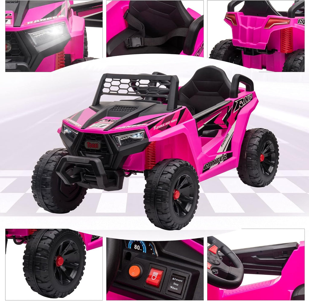 TOBBI 12V Kids Ride on Car, Electric Off-Road UTV Truck with Diverse Functions, Double Open Doors, Safety Belt, Horn, Music, and Lights for Kids Aged 3-5 Years (Rose Red) wourant