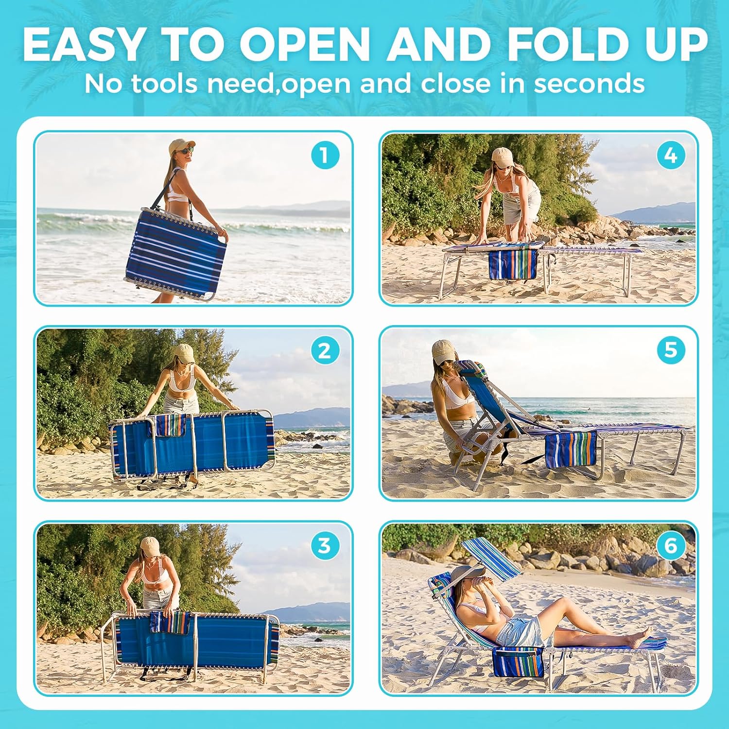 2 Pack Outdoor Chaise Lounge Chair - Portable Folding Patio Pool Lounge Chair, 5 Positions Adjustable Reclining Camping Chair with Side Table,Shoulder Strap, Pillow for Beach Sunbathing Lawn wourant