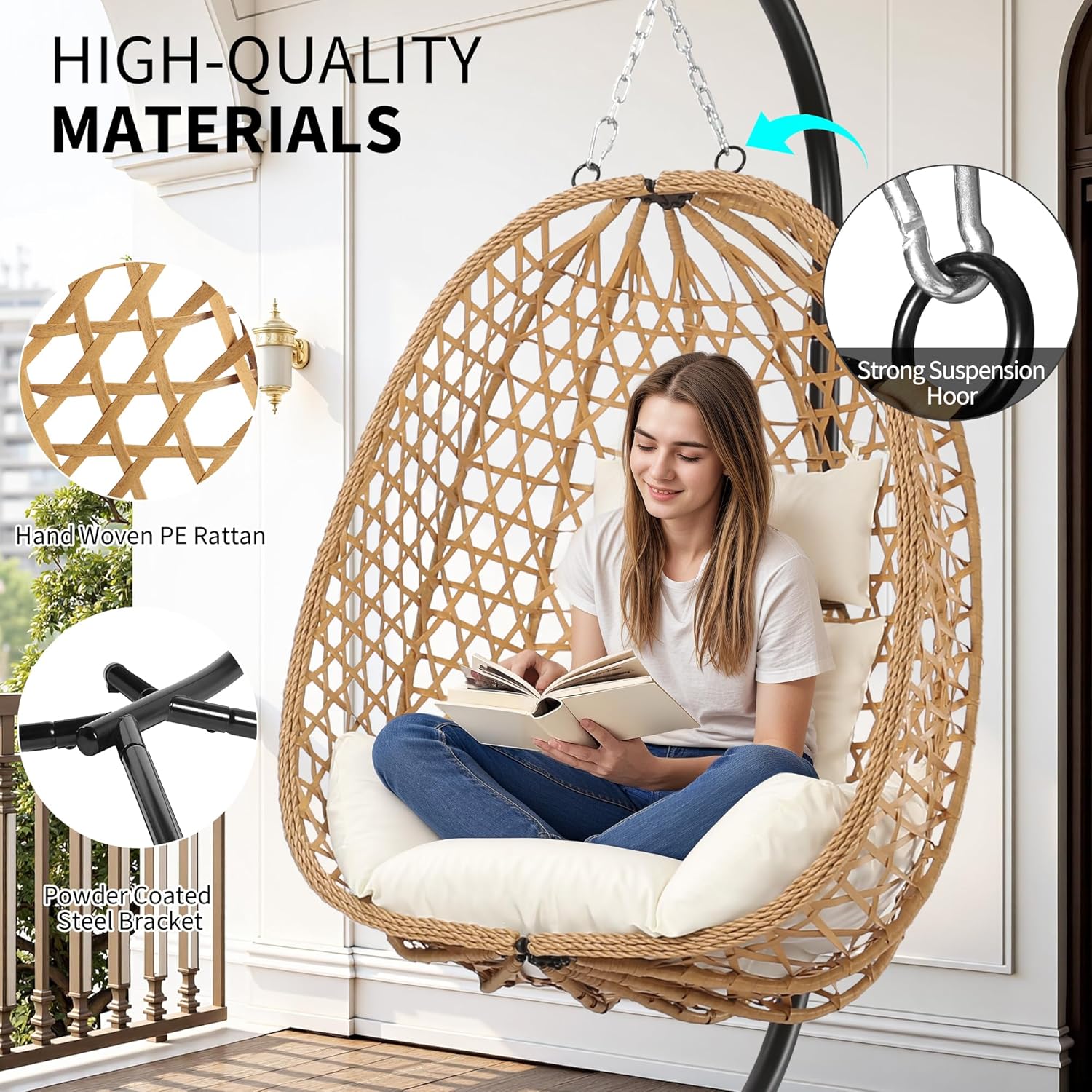 Egg Chair with Stand Patio Wicker Hanging Chair Hammock Swing Chair 350LBS Capacity wourant