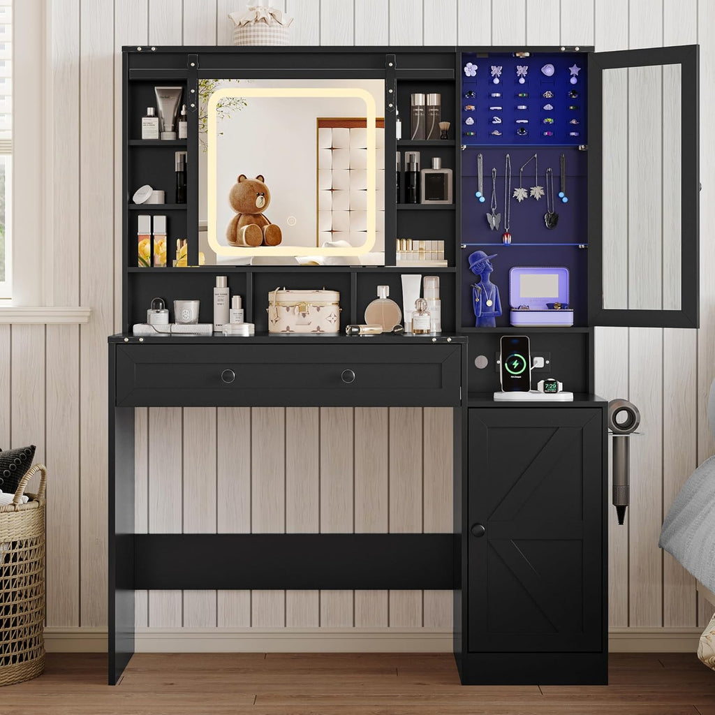 Vanity Desk with LED Lights Mirror & Power Outlet, Small Makeup Vanity Table Set wourant