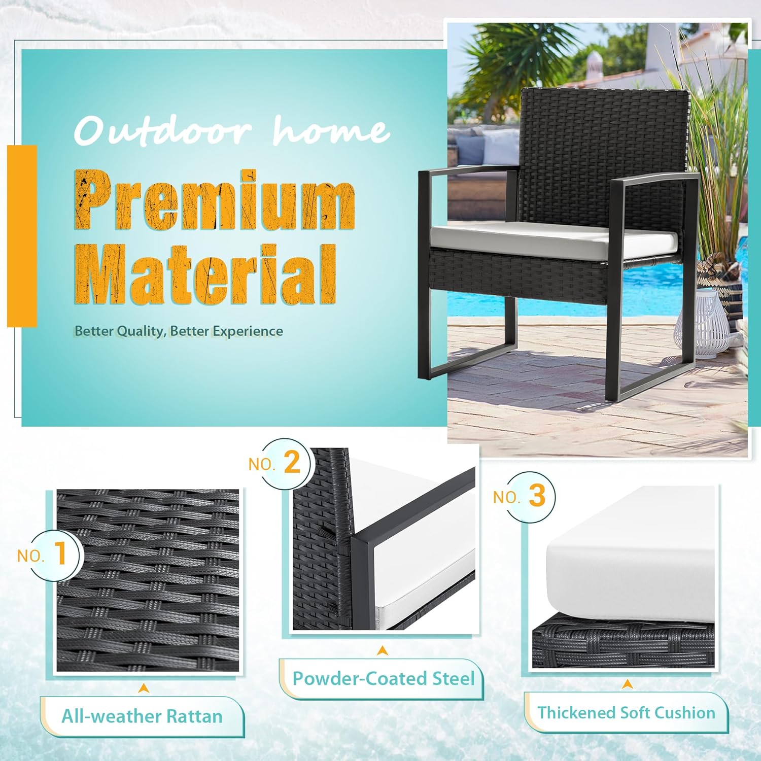 Flamaker 3 Pieces Patio Set Outdoor Wicker Furniture Sets Modern Rattan Chair Conversation Sets with Coffee Table for Yard and Bistro (Black) wourant