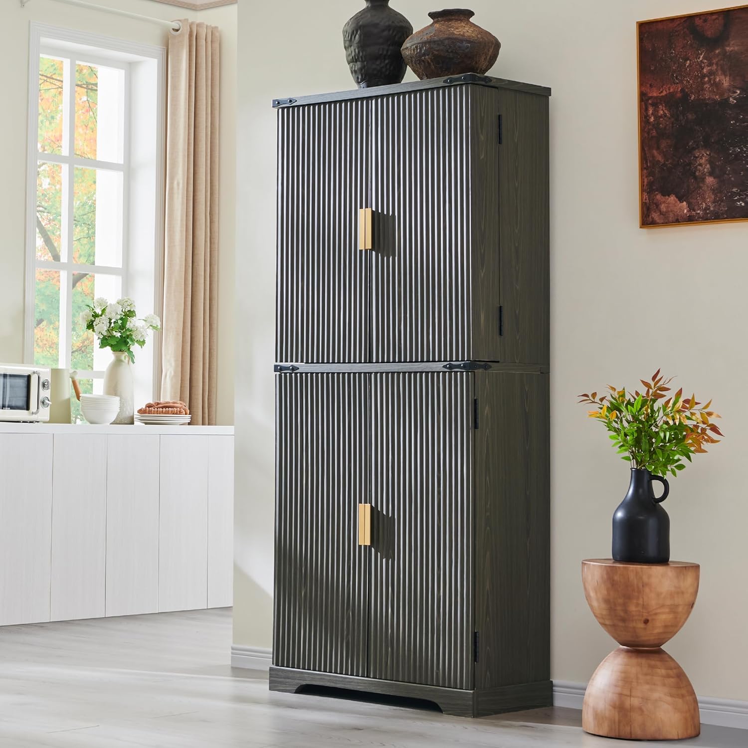 Fluted Pantry Cabinet, 72" Tall Modern Storage Cabinet with 4 Doors, Organizer, Drawer and Adjustable Shelves, Wood Cupboard wourant