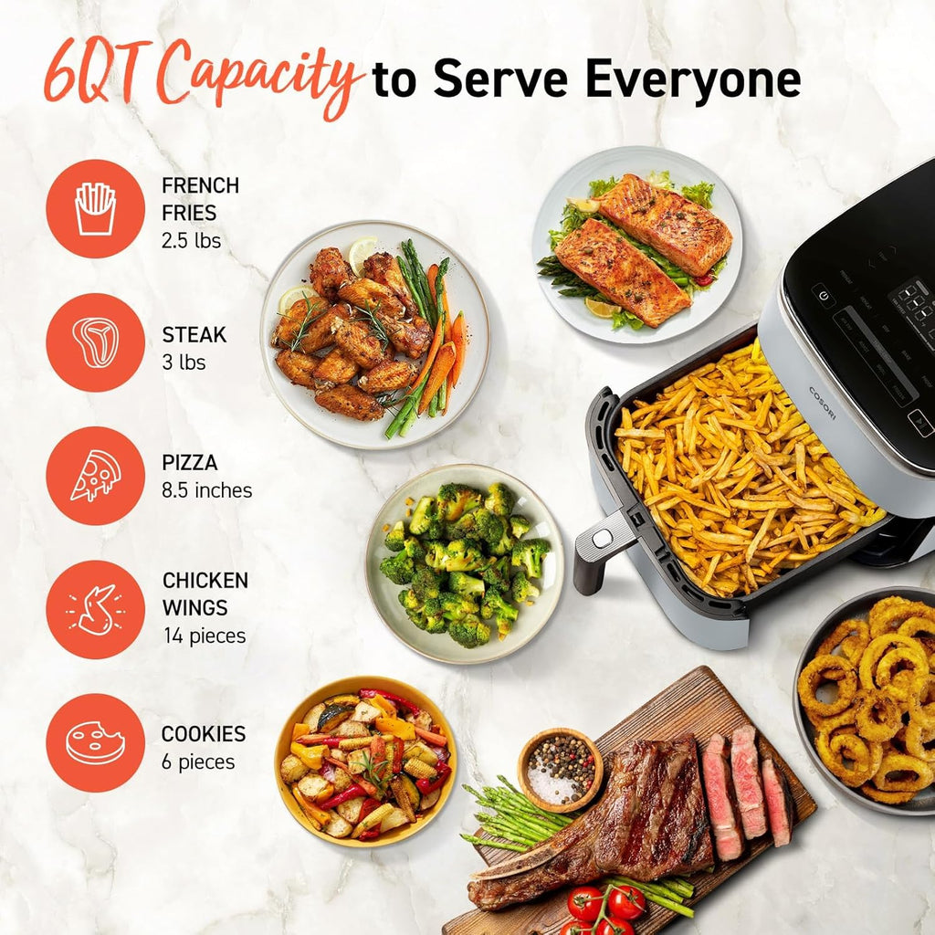 COSORI Air Fryer 9-in-1 Compact & Large 6-Qt Fast Turbo Modes Precise Heat for Even Results wourant