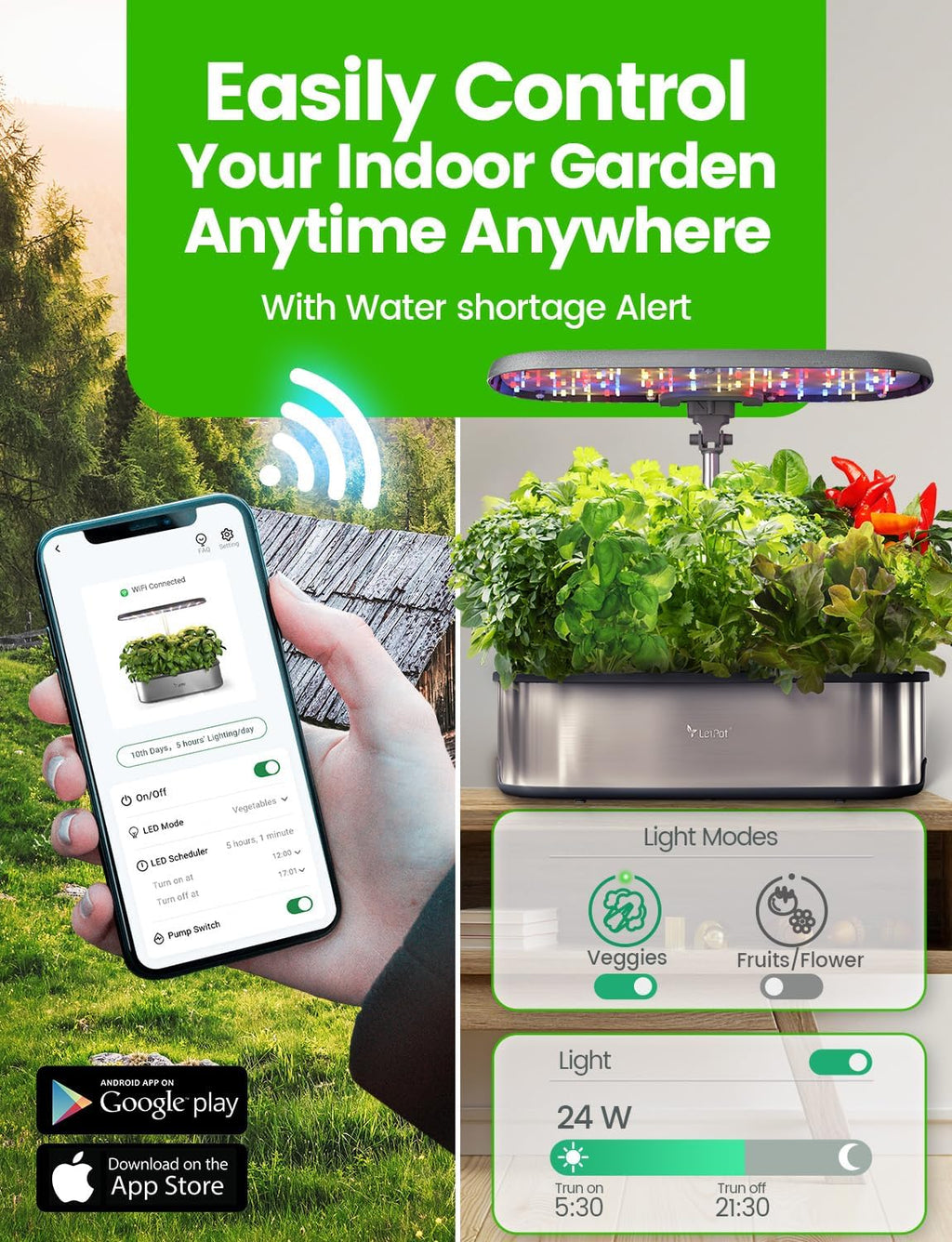 Hydroponic Planting System, 12 Indoor Smart Herb Garden Set, Indoor Garden, App and WiFi Control, with 24W Grow LED, 5.5L Water Tank, Pump System, Automatic Timer wourant