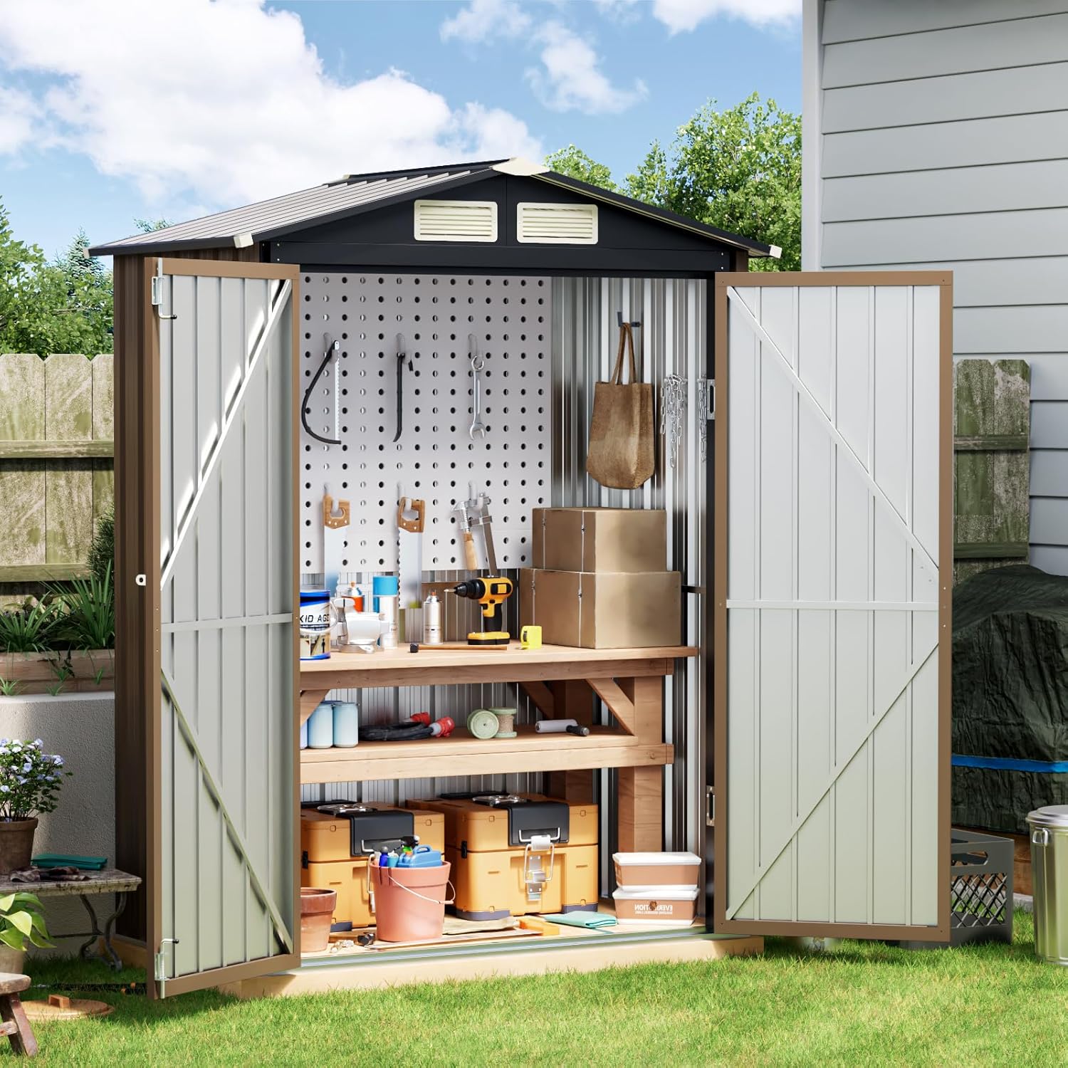 Breezz 8X10FT Outdoor Steel Storage Shed Lockable Doors Weather-Resistant Metal Tool Shed wourant