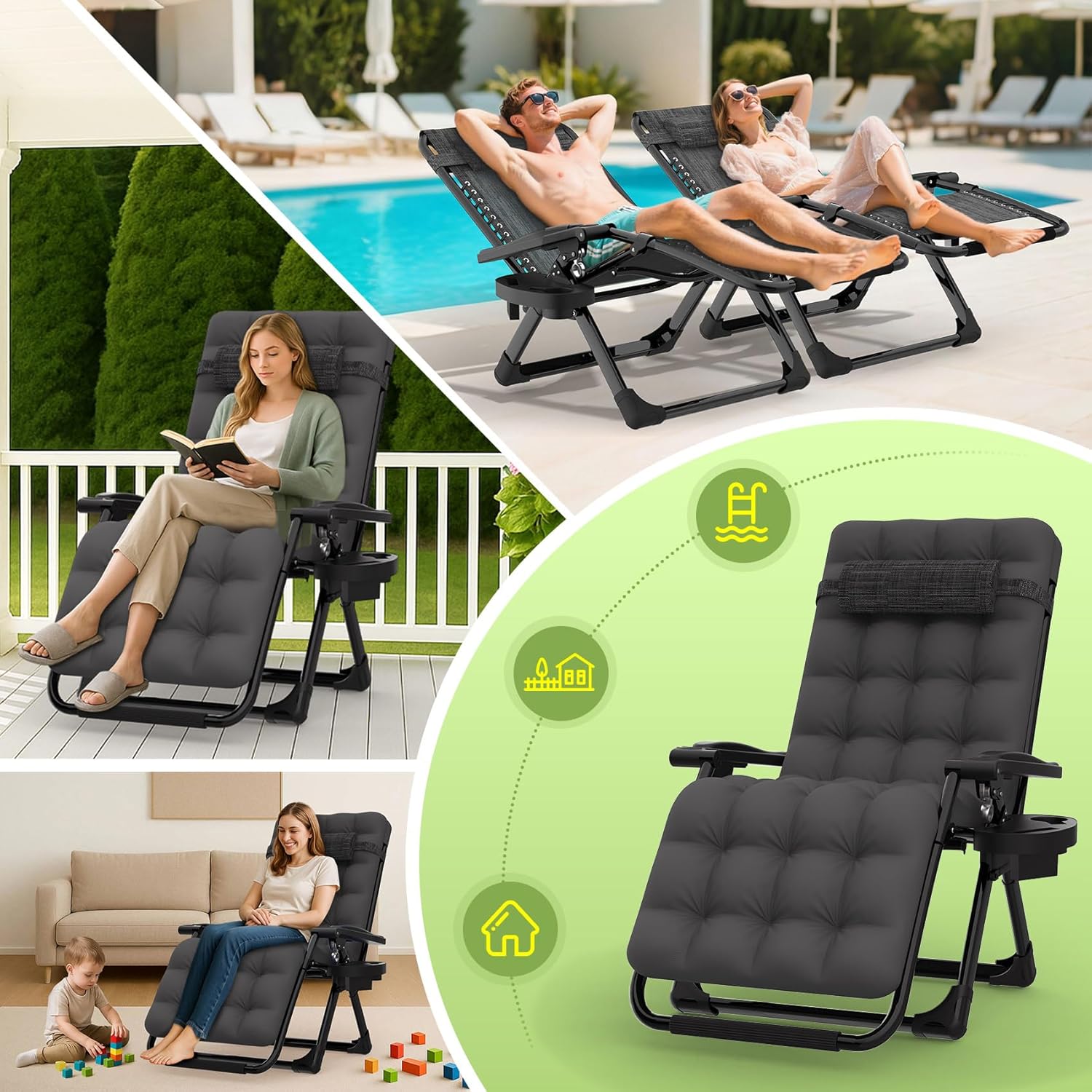 Indoor and outdoor patio chair folding lounge chair zero gravity chair with removable cushion camping lounge chair wourant