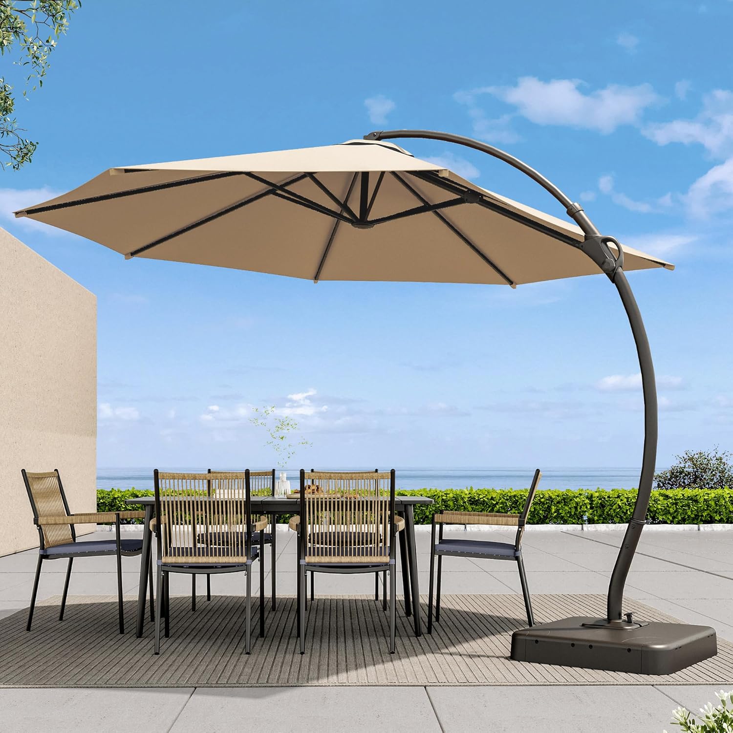 LAUSAINT HOME Outdoor Patio Umbrella with Base included, 11 FT Deluxe Curvy Cantilever Umbrella Heavy Duty Offset Hanging Umbrella with 360° Rotation for Market, Pool, Garden, Backyard, Deck (Beige) wourant