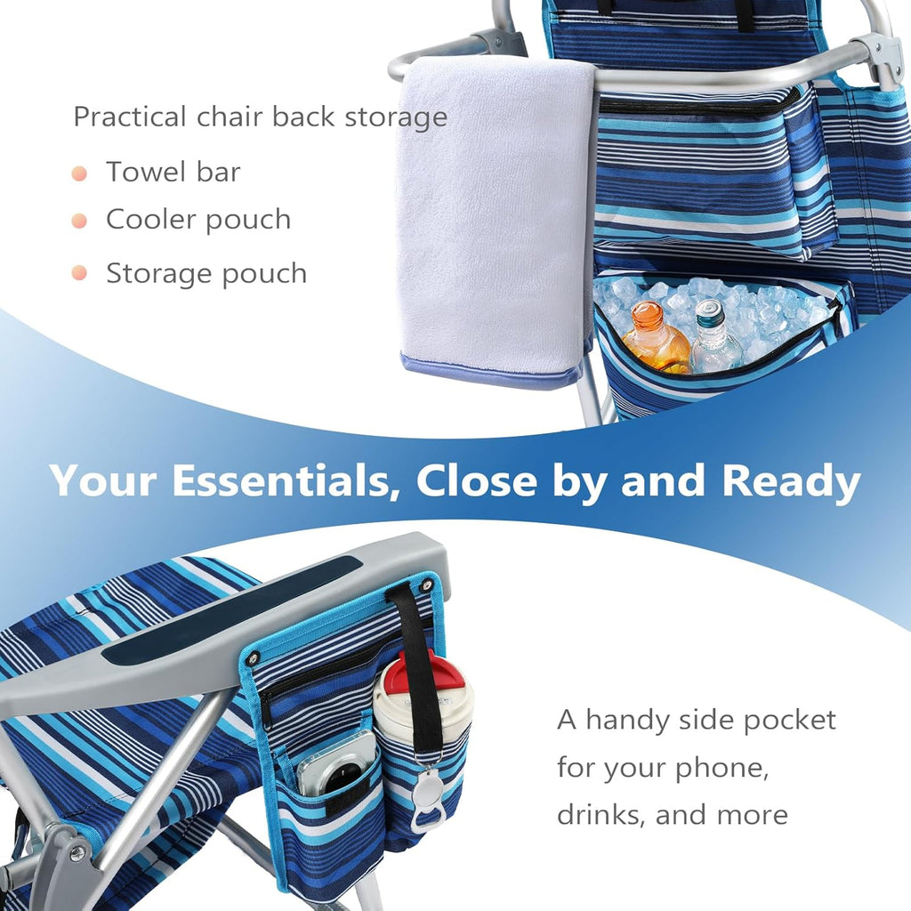 5-Position Aluminum Lay Flat Tall Backpack Beach Chairs 2 Pack Compact Portable Beach Chairs for Adults with Cooler Pouch, Storage Pouch, Towel Bar, Cup Holder & Phone Holder, Blue Stripe wourant