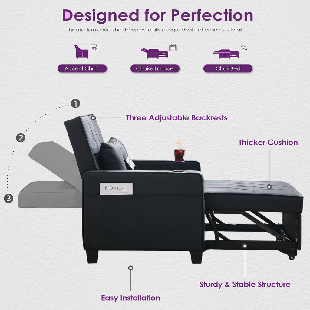 Adult Convertible Sleeper Chair Bed, 3-in-1 Pull-Out Sofa Bed with USB/Type-C Ports, Cup Holders, Side Pockets, Single Sofa wourant