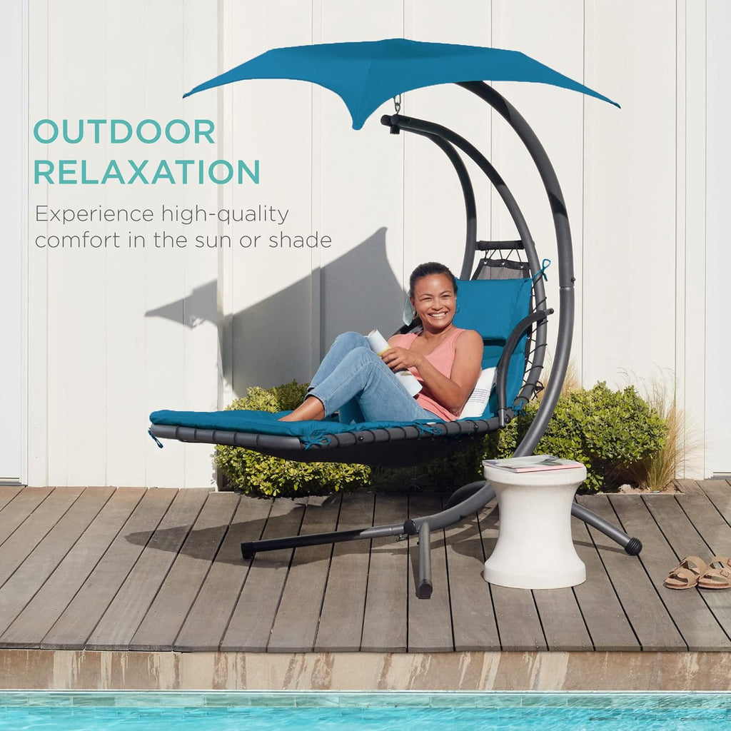 Best Choice Products Outdoor Hanging Curved Steel Chaise Lounge Chair Swing w/Built-in Pillow and Removable Canopy - Charcoal Gray wourant