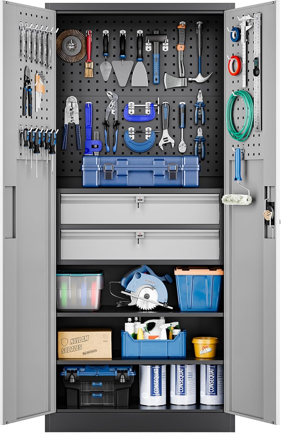 Yizosh Metal Garage Storage Cabinet with Locking Doors and 2 Drawers, Heavy Duty Steel Tool Cabinet with Pegboard, 71" - Lockable Cabinets wourant