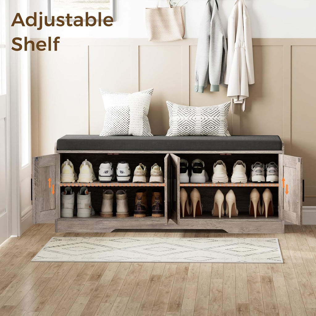 2-Tier Storage Bench, Shoe Bench with Thickened Padded Seat Cushion, Entryway Bench with 4 Doors, Adjustable Shelf, 13.8" D x 45.3" W x 18.5" H, for Entryway, Living Room, Bedroom, White wourant