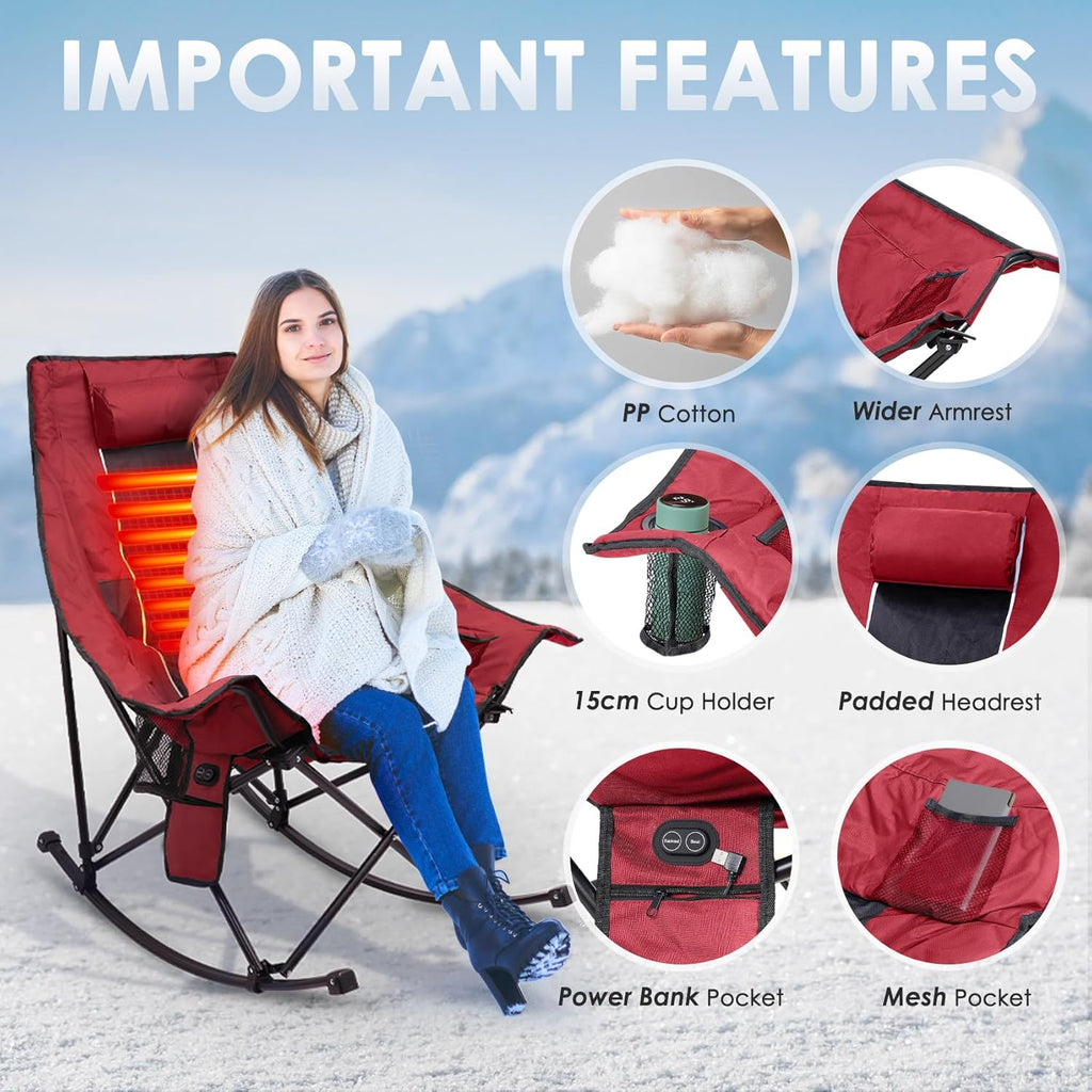 Heated Camping Chair, Extra Large Heated Chair Outdoor Sports Chair with 3 Heat Levels on Back and Seat, Portable Folding Heated Outdoor Chair (Batteries Not Included) wourant