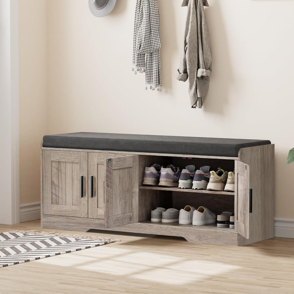 2-Tier Storage Bench, Shoe Bench with Thickened Padded Seat Cushion, Entryway Bench with 4 Doors, Adjustable Shelf, 13.8" D x 45.3" W x 18.5" H, for Entryway, Living Room, Bedroom, White wourant
