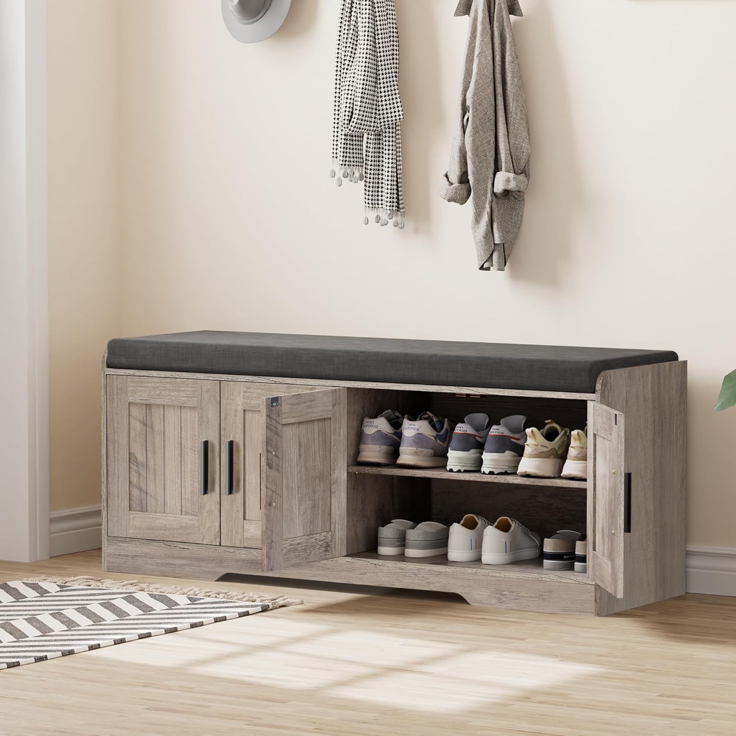 2-Tier Storage Bench, Shoe Bench with Thickened Padded Seat Cushion, Entryway Bench with 4 Doors, Adjustable Shelf wourant