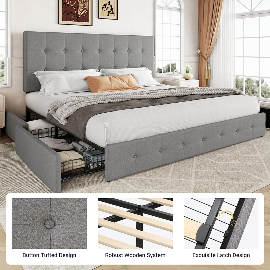 Allewie Upholstered Queen Size Platform Bed Frame with 4 Storage Drawers and Headboard wourant