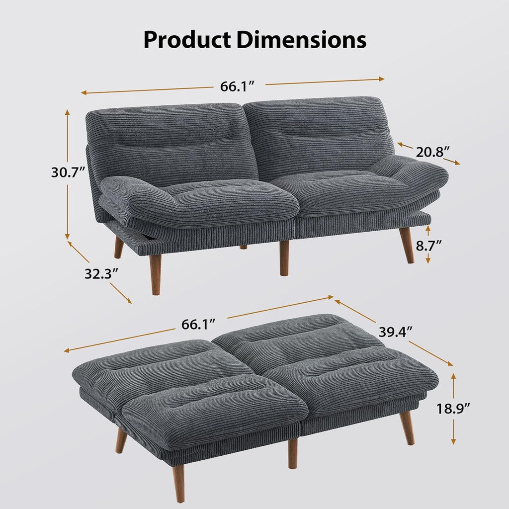 Pipishell Convertible Futon Sofa Bed,66" Corduroy Futon Couch with Adjustable Backrest and Armrests, Recliner Sleeper Sofa for Small Spaces, Play Room or Office, Grey wourant