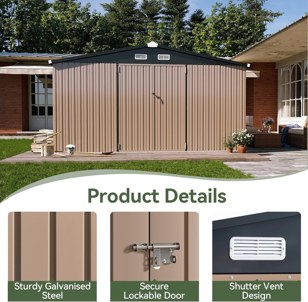 Aoxun 12x10 FT Shed Metal Outdoor Waterproof Storage Shed Steel Utility Garden Tool Shed with Door & Lock Outdoor Storage for Garden Patio Lawn Poolside, Brown wourant