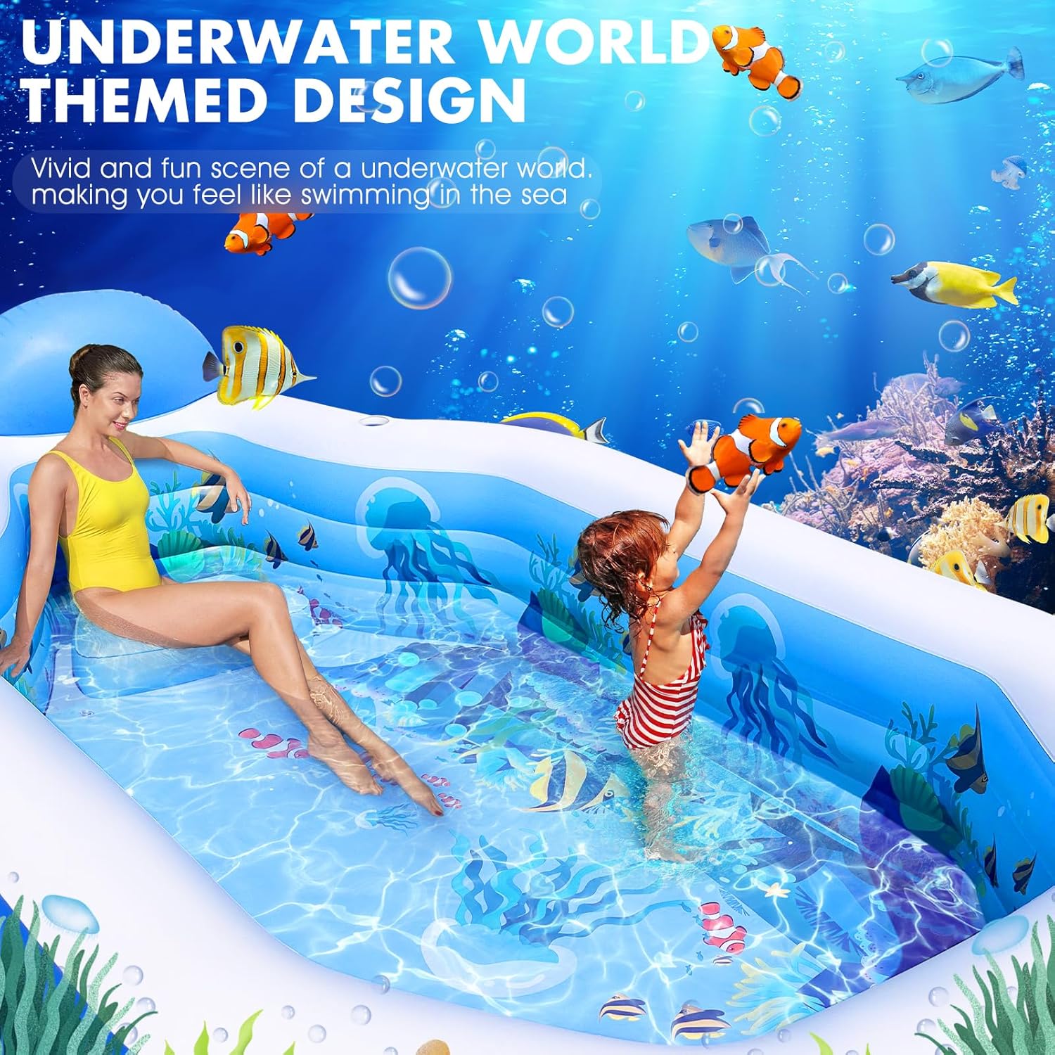 Inflatable Pool with Canopy, Large Inflatable Swimming Pool for Kids,Adult, Blow Up Pools with Seats,Backrest.Durable Thickened Inflatable Family Pools for Backyard,118"x75"x22"-Dark Blue woonhhop