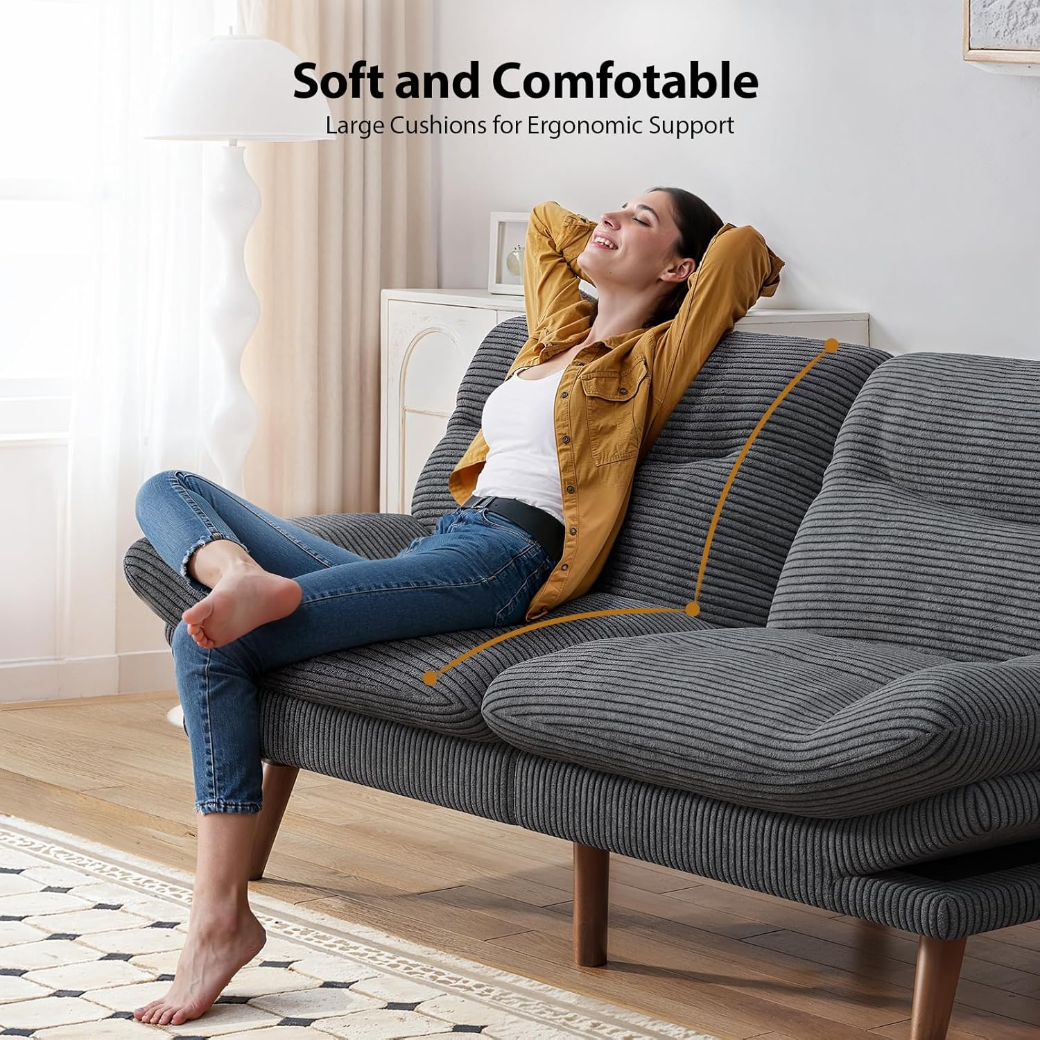 Pipishell Convertible Futon Sofa Bed,66" Corduroy Futon Couch with Adjustable Backrest and Armrests, Recliner Sleeper Sofa for Small Spaces, Play Room or Office, Grey wourant