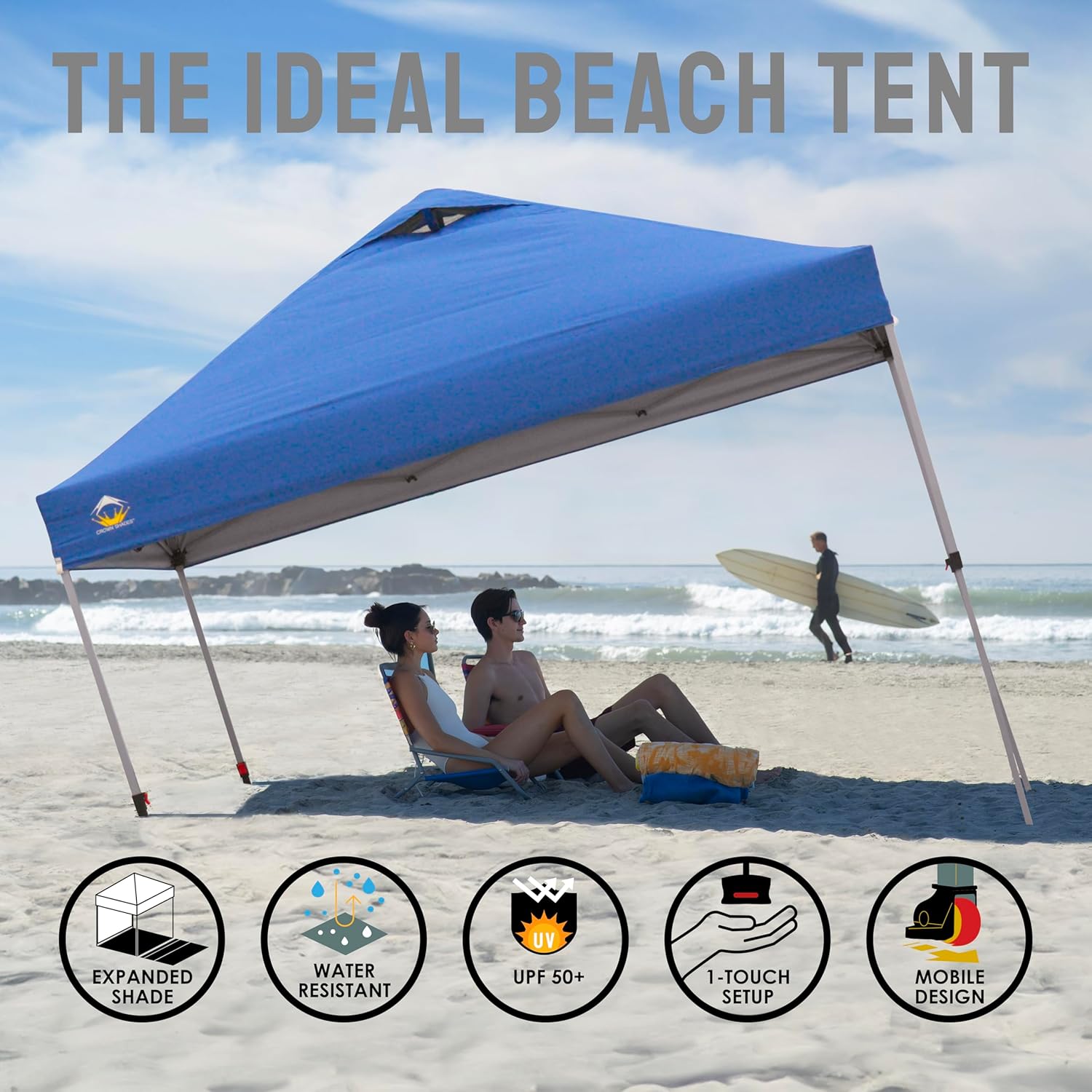 10x10 Pop-Up Awning - One-Click Installation Beach Tent - Outdoor Sunshade Silver Coated Top, 3 Heights and 4 Sand Pockets wourant