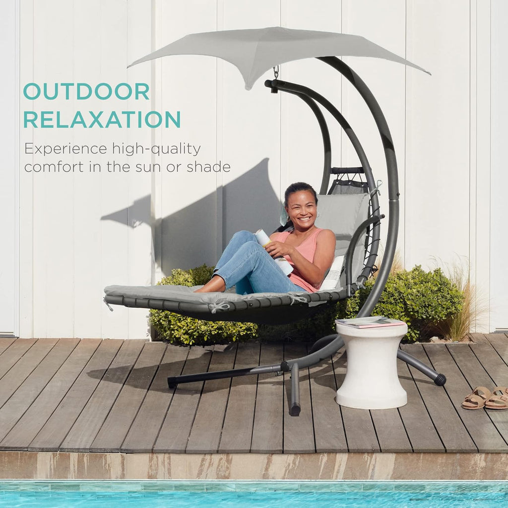 Best Choice Products Outdoor Hanging Curved Steel Chaise Lounge Chair Swing w/Built-in Pillow and Removable Canopy - Charcoal Gray wourant