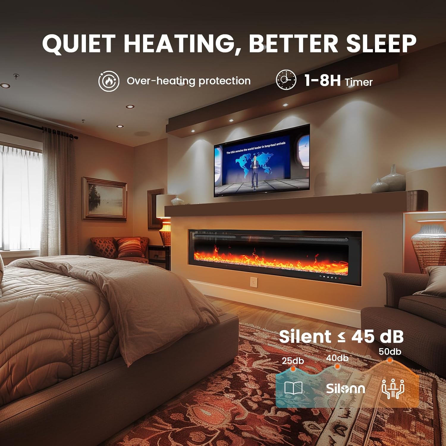 Silonn 50″Smart Electric Fireplace Heater with App & Remote Control, 5300 BTU Heat Output, Ultra-Slim Wall-Mounted or Recessed Electric Fireplace Inserts with Timer, 20 Flame Colors,WiFi Enabled wourant