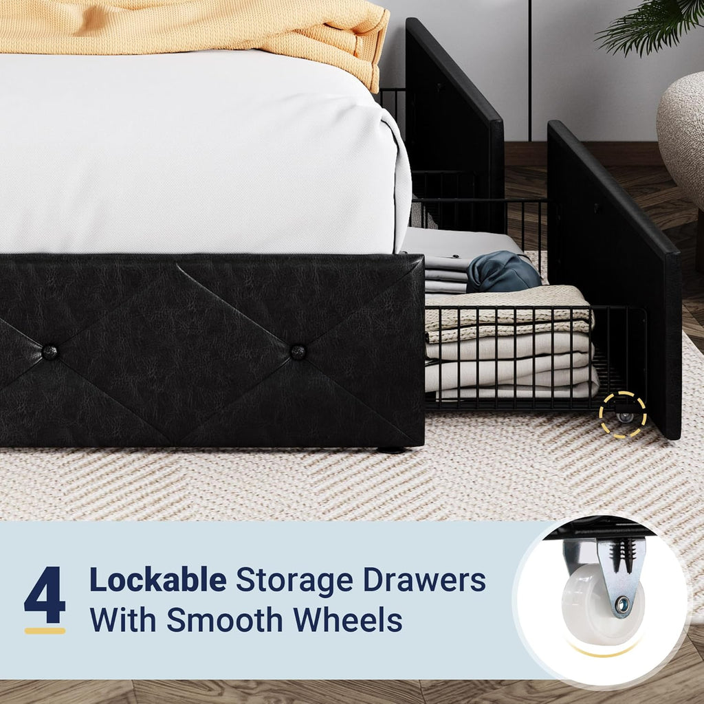 Allewie Upholstered Queen Size Platform Bed Frame with 4 Storage Drawers and Headboard wourant