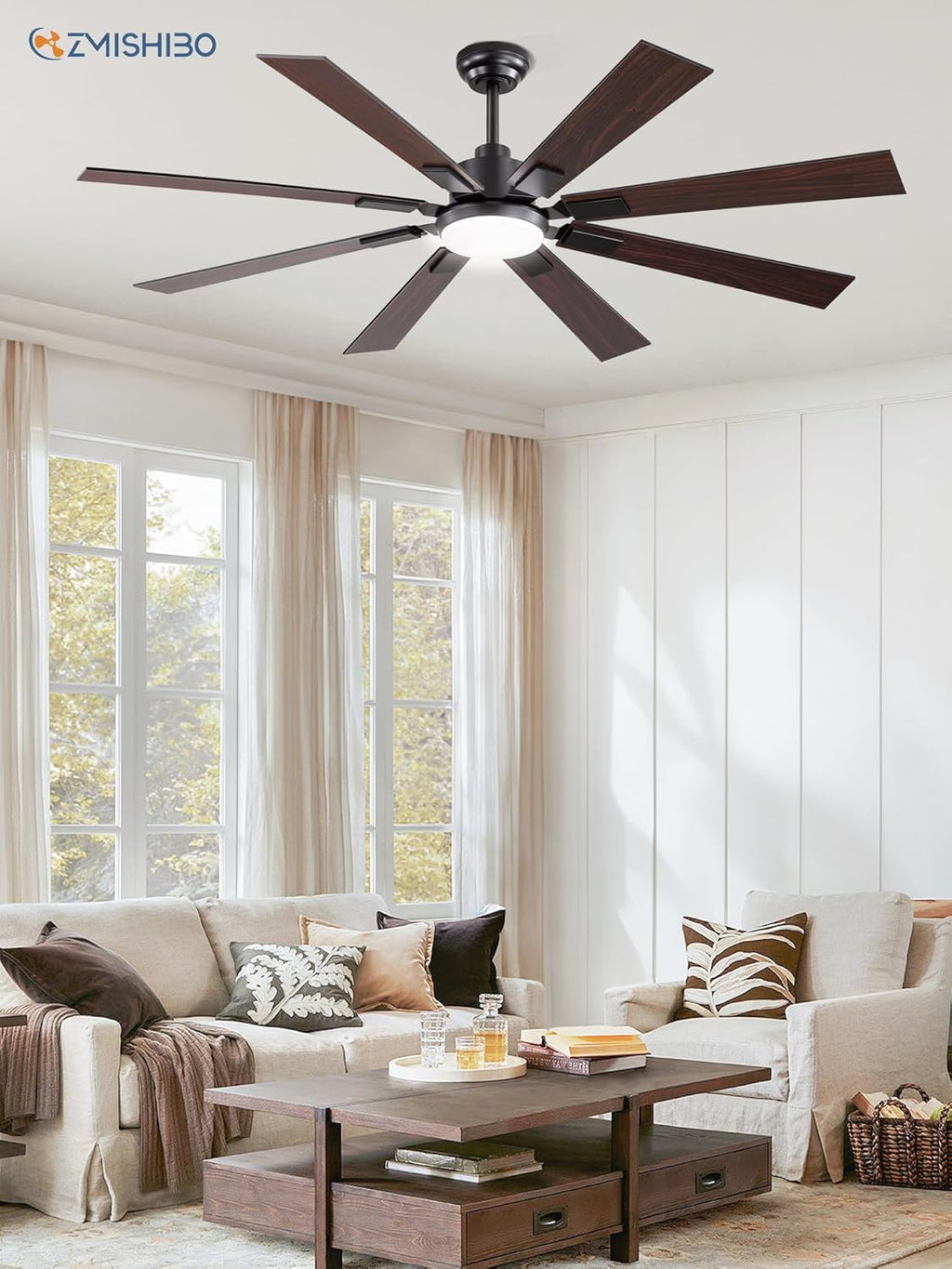 ZMISHIBO 72 inch Large Ceiling Fans with Lights and Remote, Indoor/Outdoor Black Modern Ceiling Fan for Kitchen Living Room Patio, 6 Speed Reversible Quiet DC Motor, 3 CCT, Dual Finish 8 Blades wourant