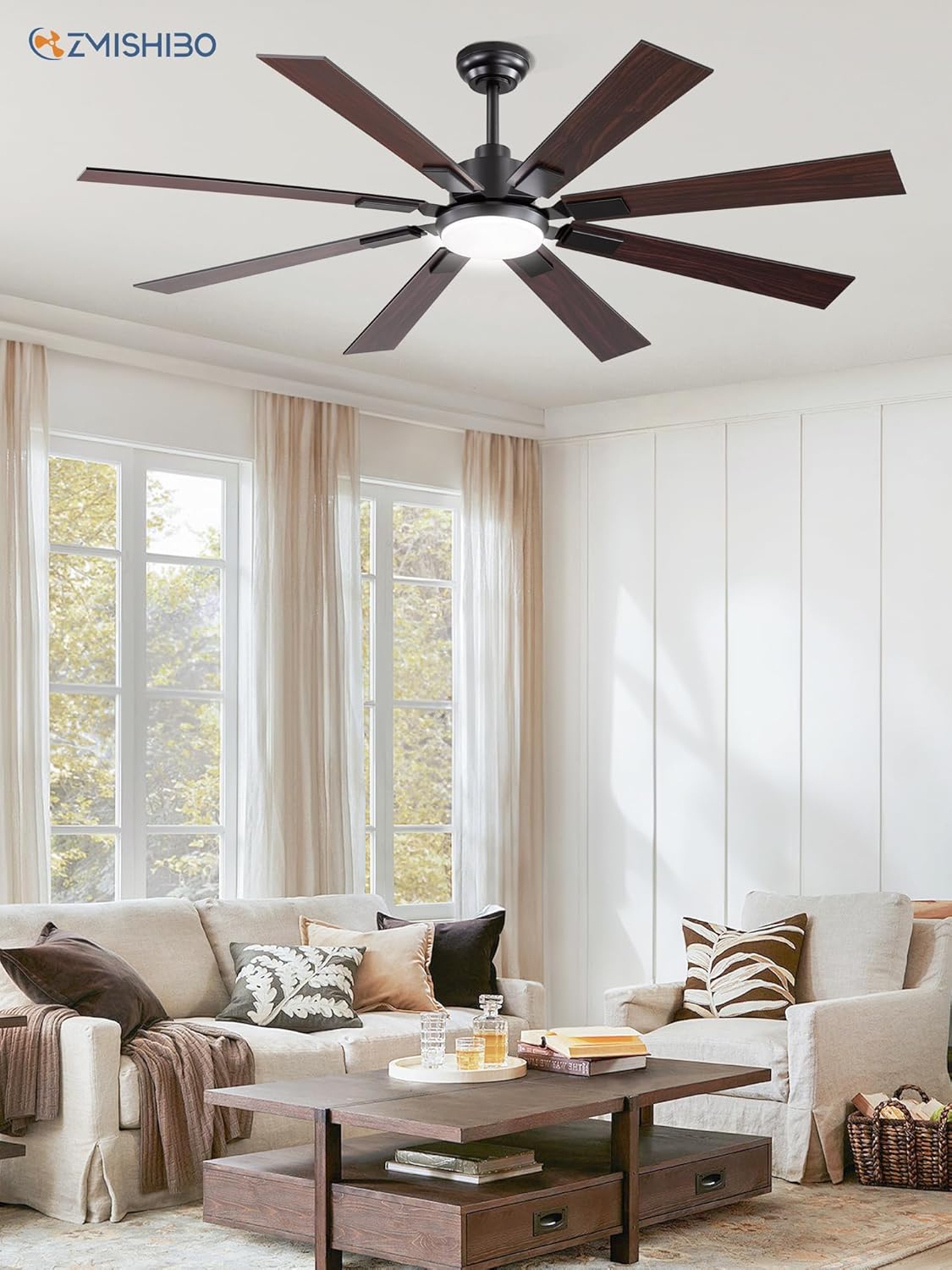 ZMISHIBO 72 inch Large Ceiling Fans with Lights and Remote, Indoor/Outdoor Black Modern Ceiling Fan for Kitchen Living Room Patio, 6 Speed Reversible Quiet DC Motor, 3 CCT, Dual Finish 8 Blades wourant