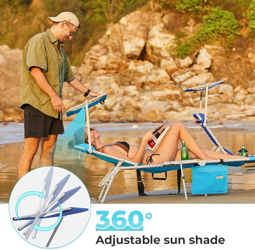 2 Pack Outdoor Chaise Lounge Chair - Portable Folding Patio Pool Lounge Chair, 5 Positions Adjustable Reclining Camping Chair with Side Table,Shoulder Strap, Pillow for Beach Sunbathing Lawn wourant