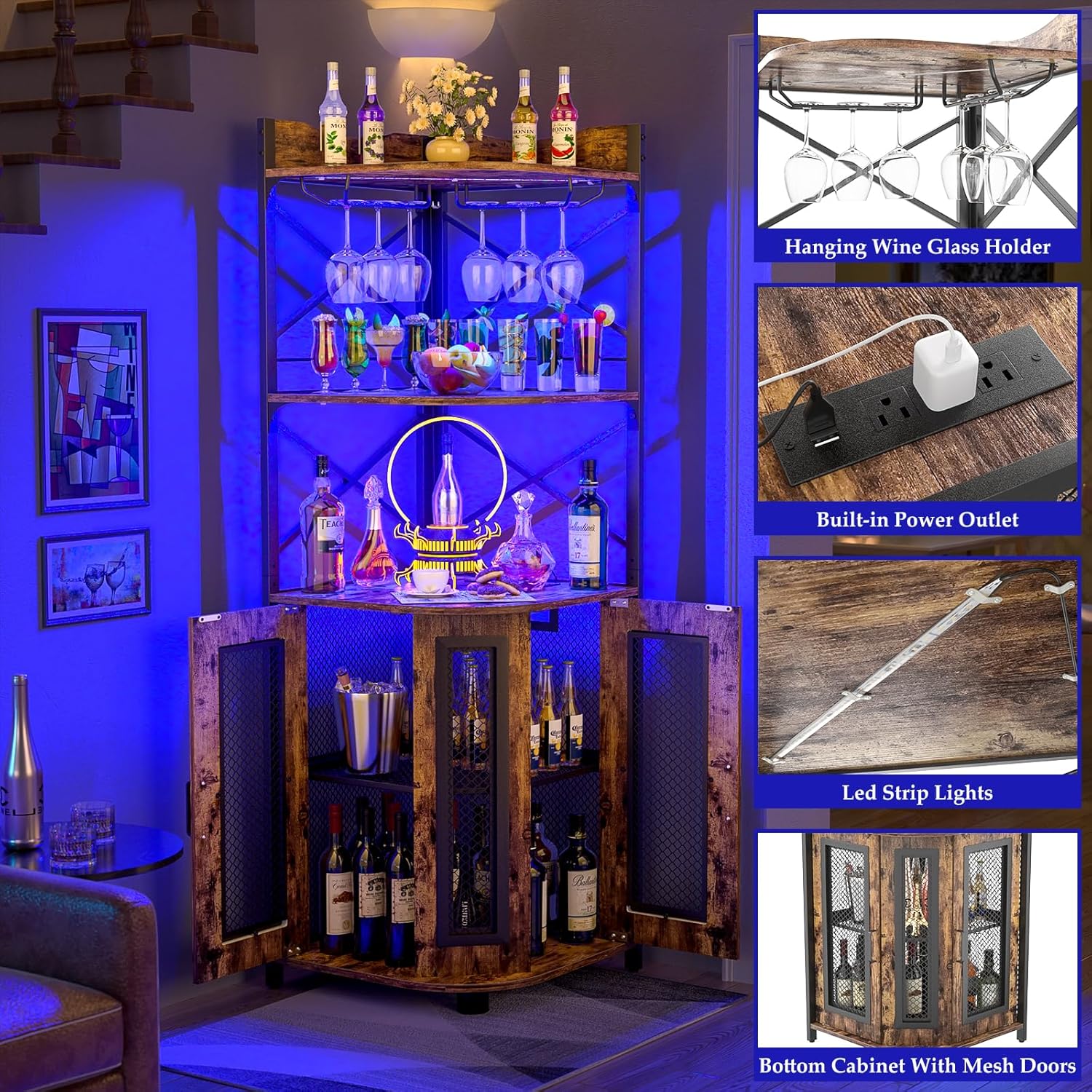 Aheaplus Corner Bar Cabinet with Power Outlet, Industrial Wine Cabinet with LED Strip and Glass Holder, 5-Tiers Liquor Cabinet Bar Unit for Home, Corner Display Cabinet for Small Space, White Oak wourant