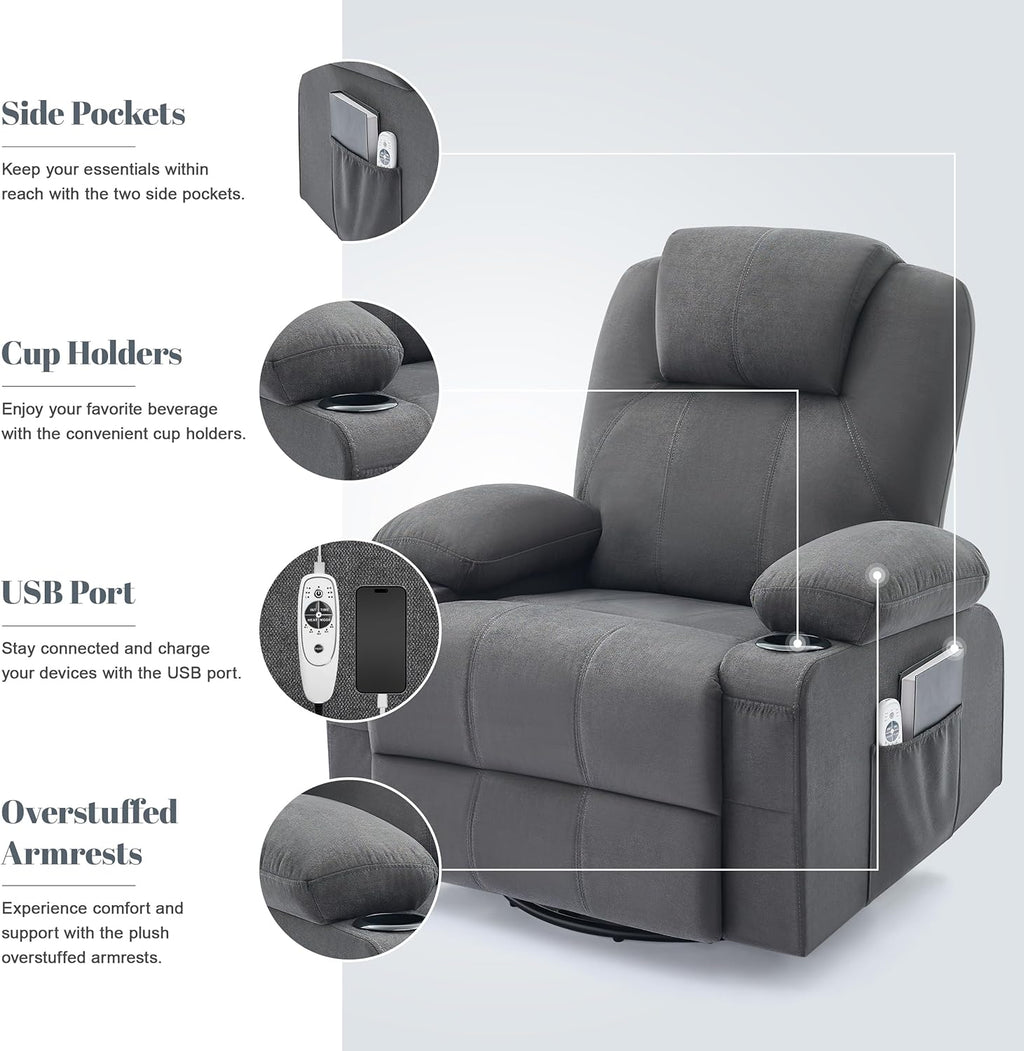 Large Swivel Rocking Recliner with Heating and Massage Function, 360 Degree Swivel Rocking Single Sofa wourant