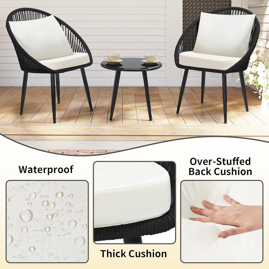 3 Piece Bistro Set, Woven Rope Chair with Cushions, All Weather Patio Conversation Set with Side Table, Ideal for Deck, Balcony, Poolside, Black wourant