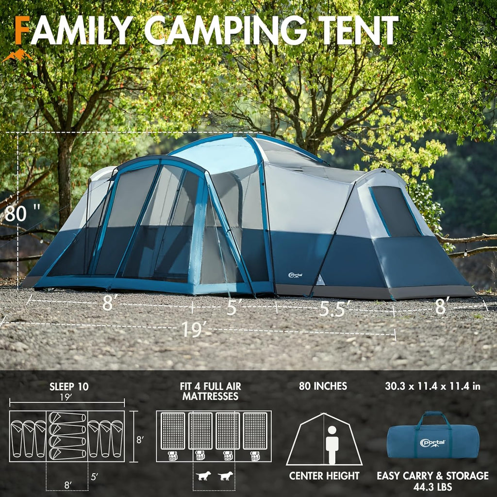 PORTAL 6/8/10 Person Family Camping Tent with Screen Room, Water Resistant Big Tunnel Tent with Rainfly, Large Family Tent for Outdoor Camping, Party wourant