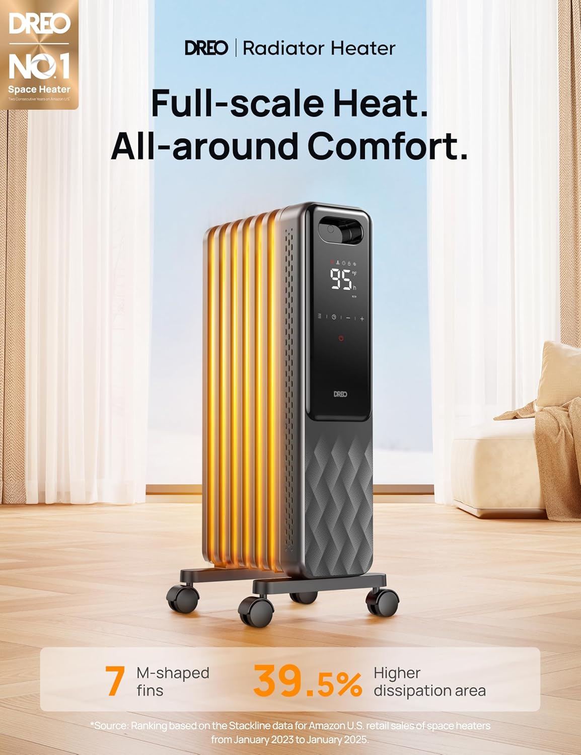 Indoor electric radiant heater with overheat and tip-over protection, digital thermostat, oil-filled radiator wourant