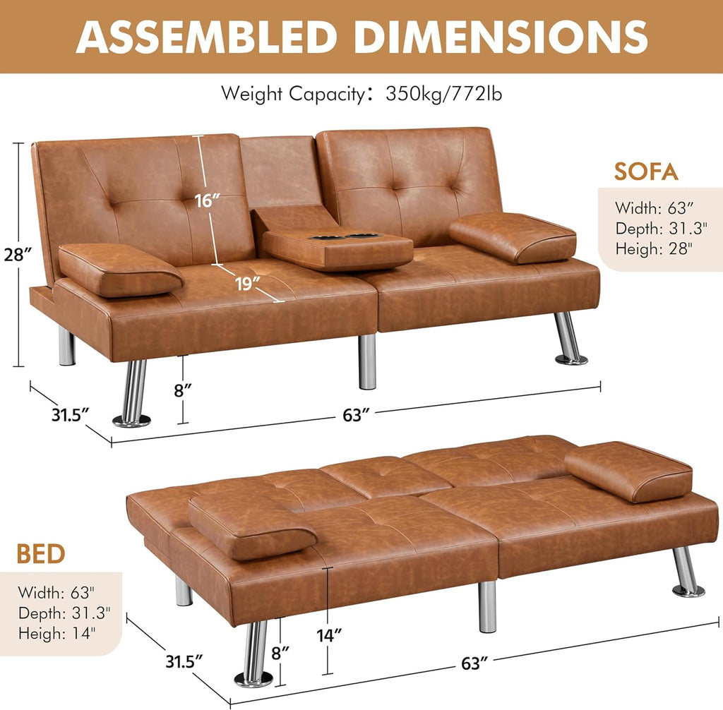 Yaheetech Convertible Sofa Bed Adjustable Couch Sleeper Modern Faux Leather Home Recliner Reversible Loveseat Folding Daybed Guest Bed, Removable Armrests, Cup Holders, 3 Angles, 772lb Capacity, Brown wourant